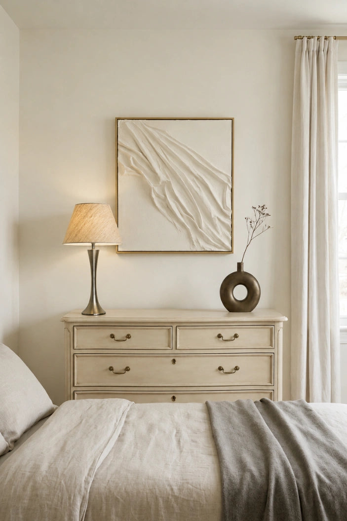 A styled bedroom corner featuring a cream-colored wooden dresser with a lit table lamp and a dark brown ceramic vase, beneath a framed abstract textured wall art piece. A bed with neutral-toned linens is visible in the foreground, set against a warm beige wall and white curtains.