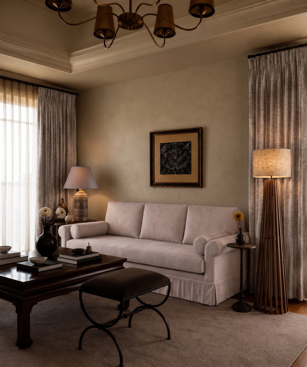 Warm traditional living room with a cream sofa, textured neutral curtains, dark wood coffee table, floor and table lamps, framed artwork, black decorative vases, and a sculptural metal ottoman in soft ambient lighting.