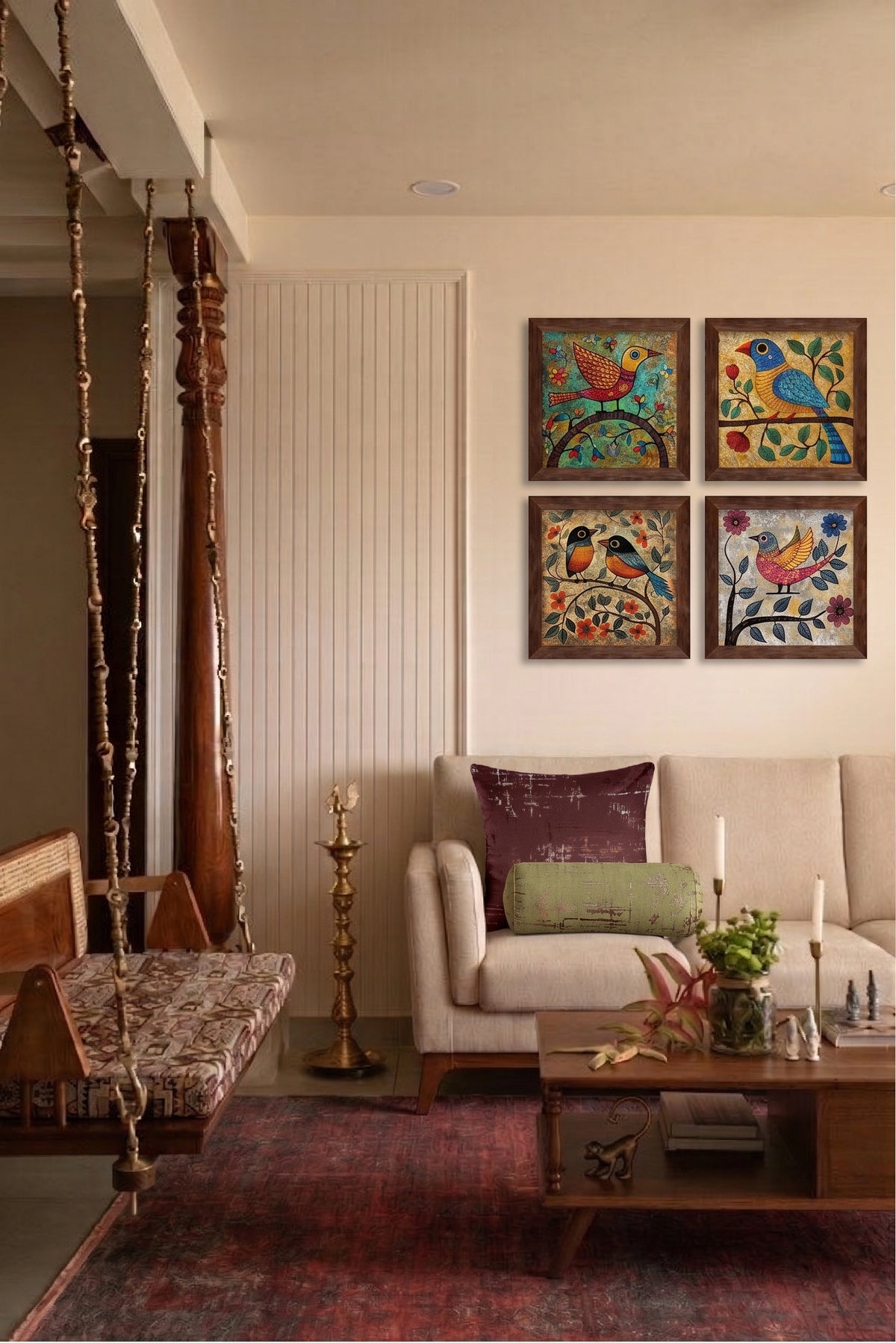 A styled living room interior featuring a cream sofa with purple and green cushions, a wooden coffee table, a red patterned rug, and four colorful framed bird paintings on the wall above the sofa.