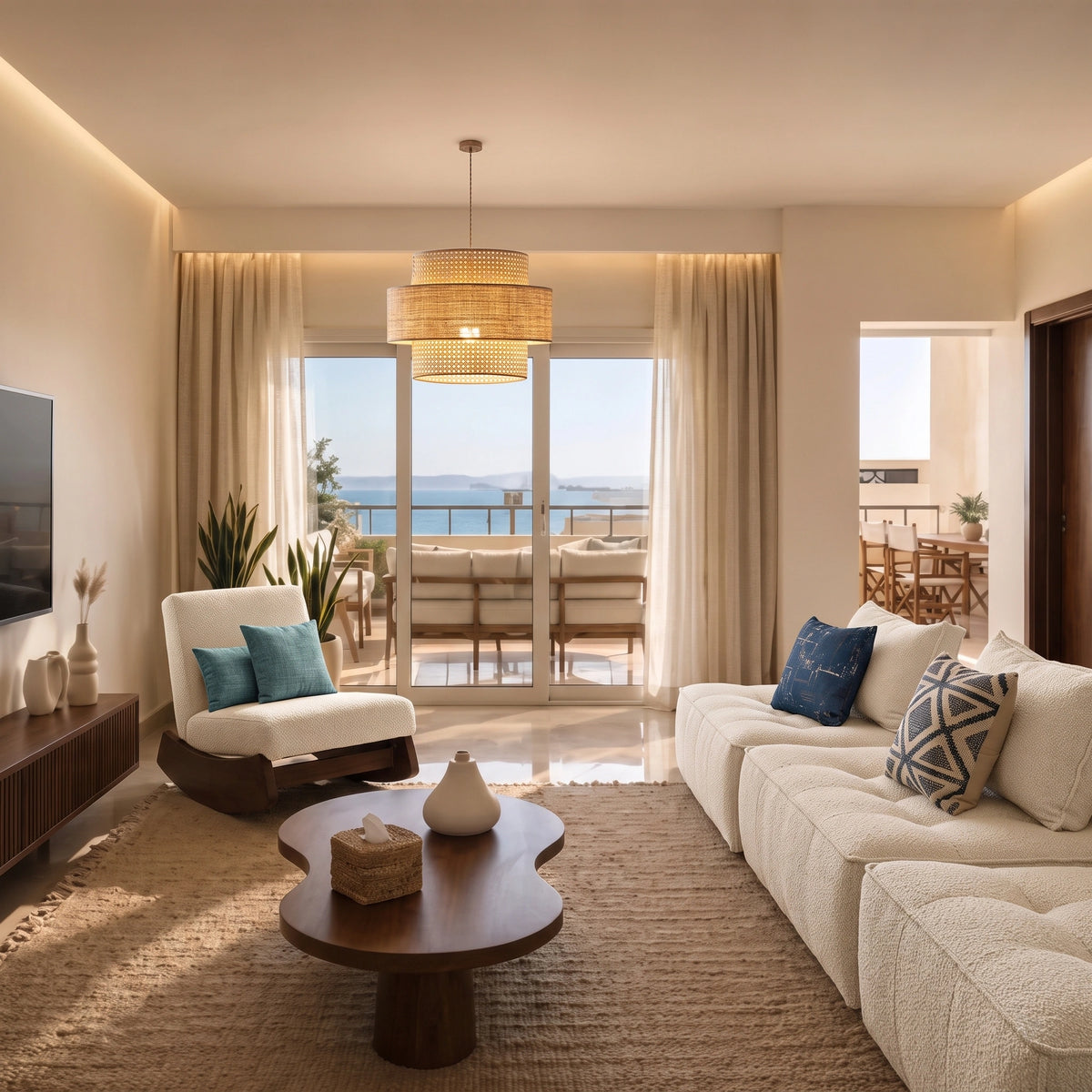 A modern, sunlit living room with cream bouclé sofas, a dark wood coffee table, beige curtains, and large floor-to-ceiling windows overlooking a balcony and ocean view.