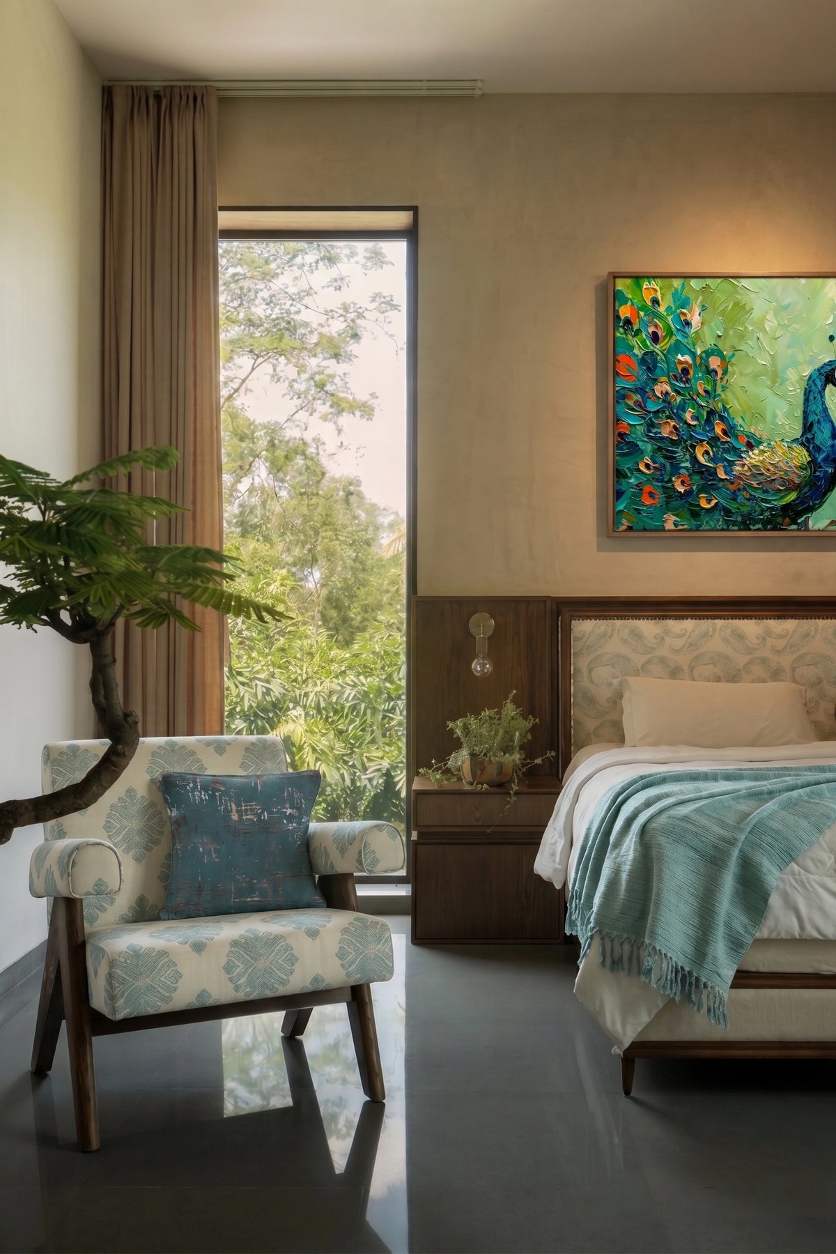 A styled bedroom interior featuring a bed with white linens and a light blue throw, a matching patterned armchair with a blue pillow, a tall window with greenery outside, and a colorful peacock painting on the beige wall.