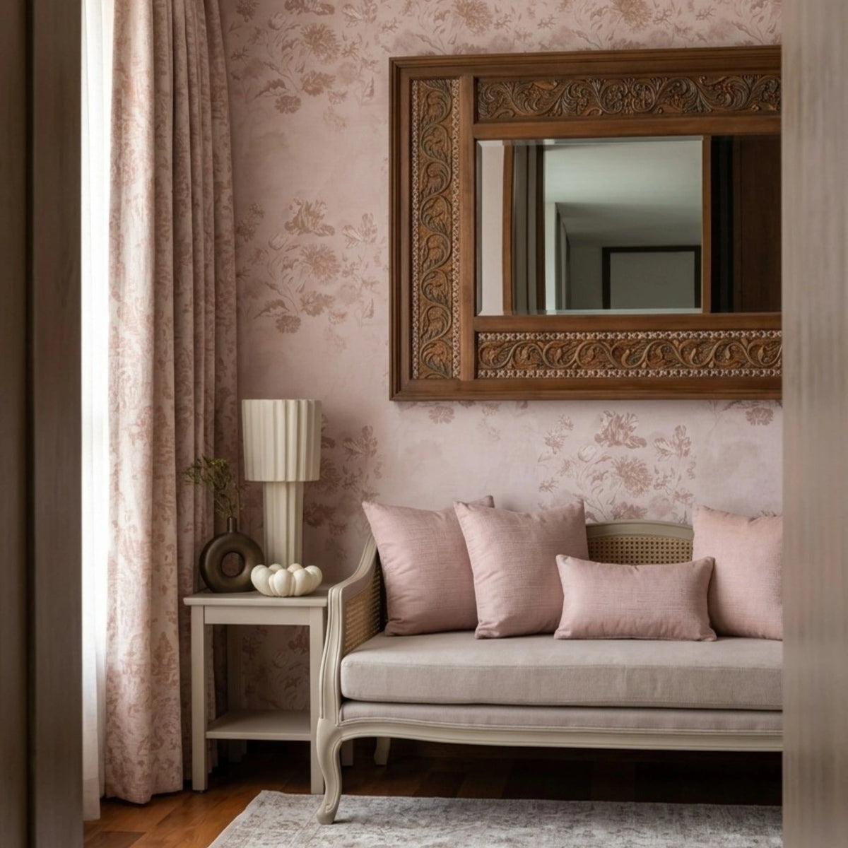 Living room with a beige sofa, decorative pillows, a lamp, and a large ornate mirror on the wall.