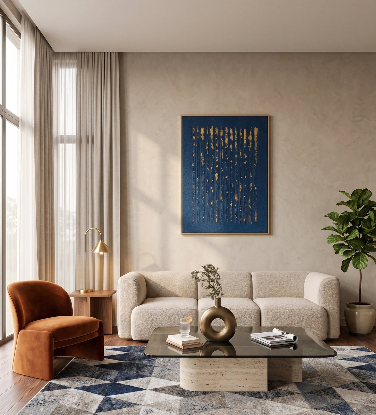 A styled living room interior featuring a framed abstract blue and gold painting on a textured beige wall above a cream sofa. The room includes a rust-orange velvet armchair, a glass-top coffee table, a patterned rug, a floor lamp, and a potted plant.