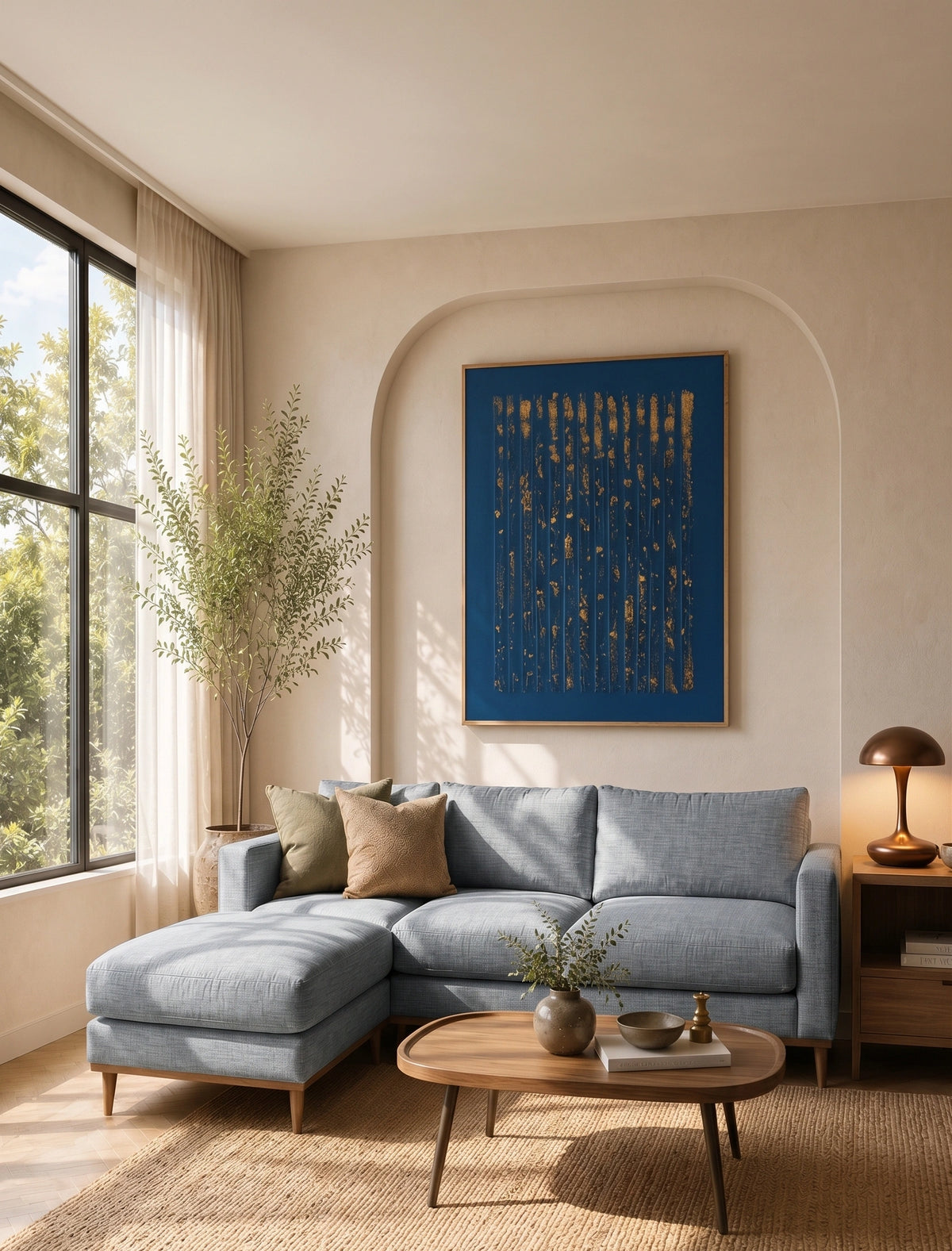 A modern living room featuring a light blue sectional sofa with a matching chaise, a round wooden coffee table, and a large blue abstract wall art piece framed in a warm beige room with natural light.