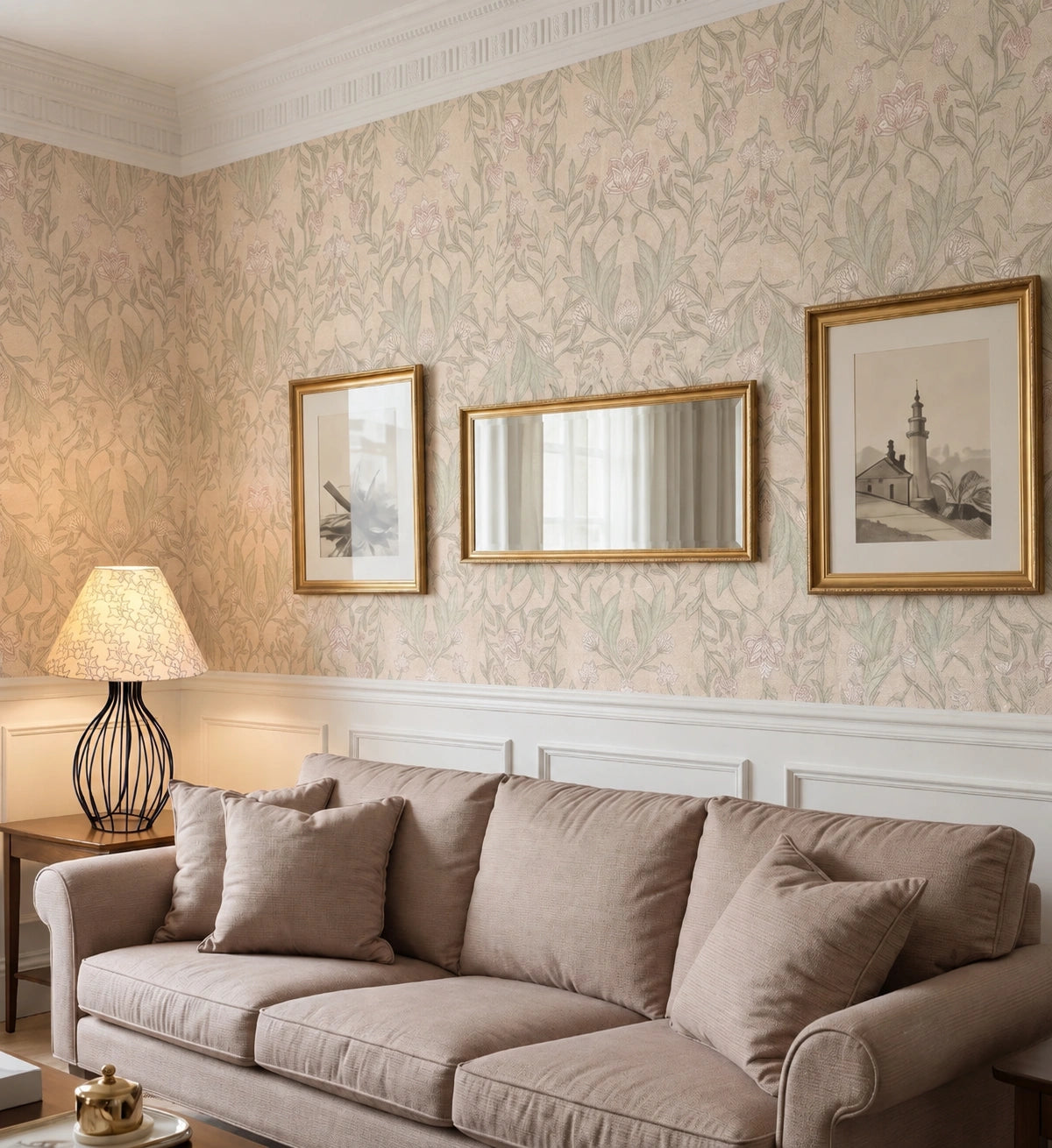 A styled living room corner featuring beige floral wallpaper, a matching beige sofa with cushions, a black wire-frame table lamp, and three framed sepia-toned prints hanging on the wall above white wainscoting.