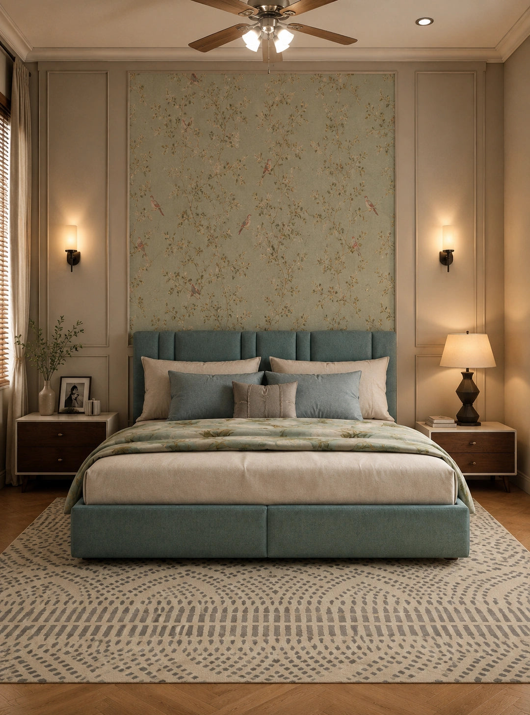 A styled bedroom interior featuring a teal upholstered bed frame with matching pillows, set against a decorative floral wall panel. The room includes wooden nightstands, wall sconces, a patterned rug, and a ceiling fan.