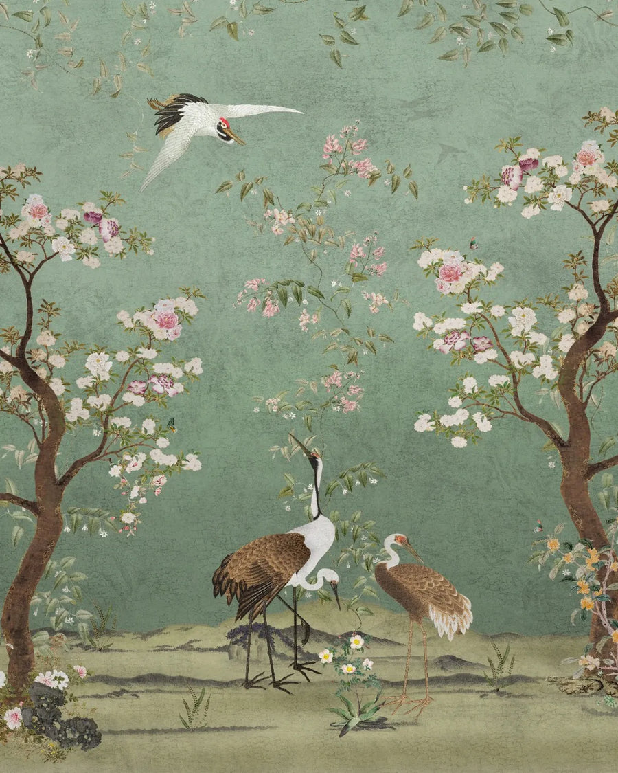 Vintage Chinoiseries Cranes & Blossoms Wallpaper – Jade Green