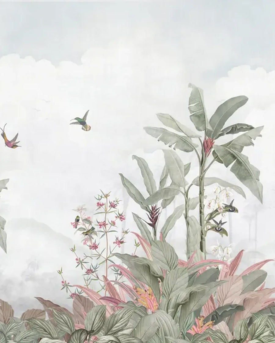 Vintage Jungle Panorama Wallpaper – Cloud Blue