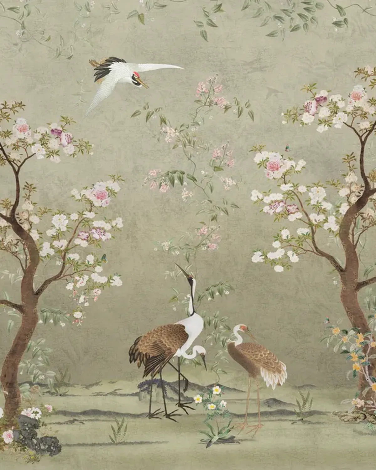 Chinoiserie Crane Birds Floral Garden Wallpaper – Beige