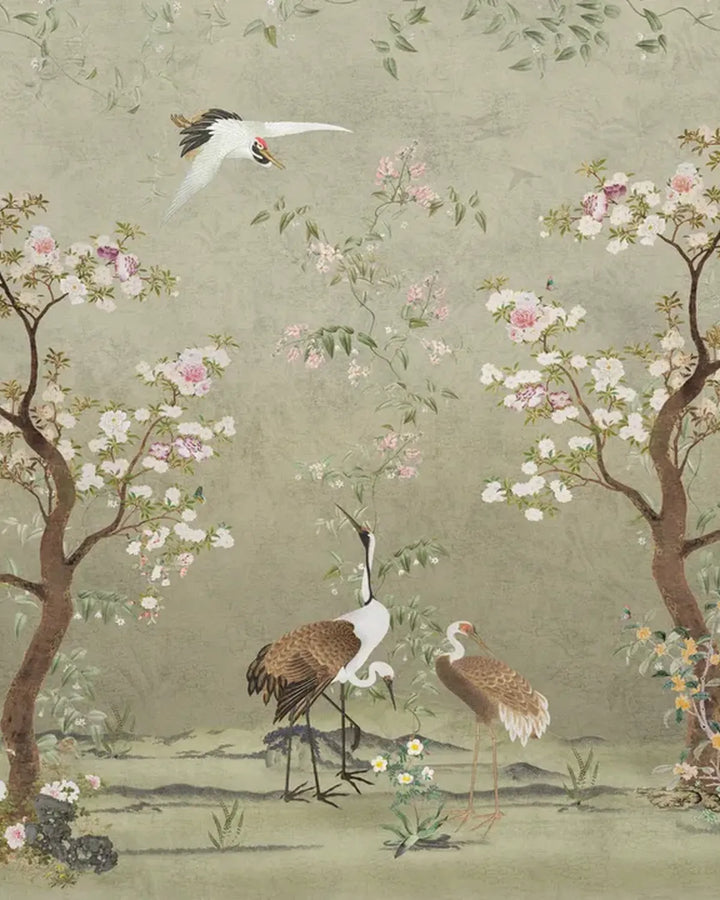 Chinoiserie Crane Birds Floral Garden Wallpaper – Beige