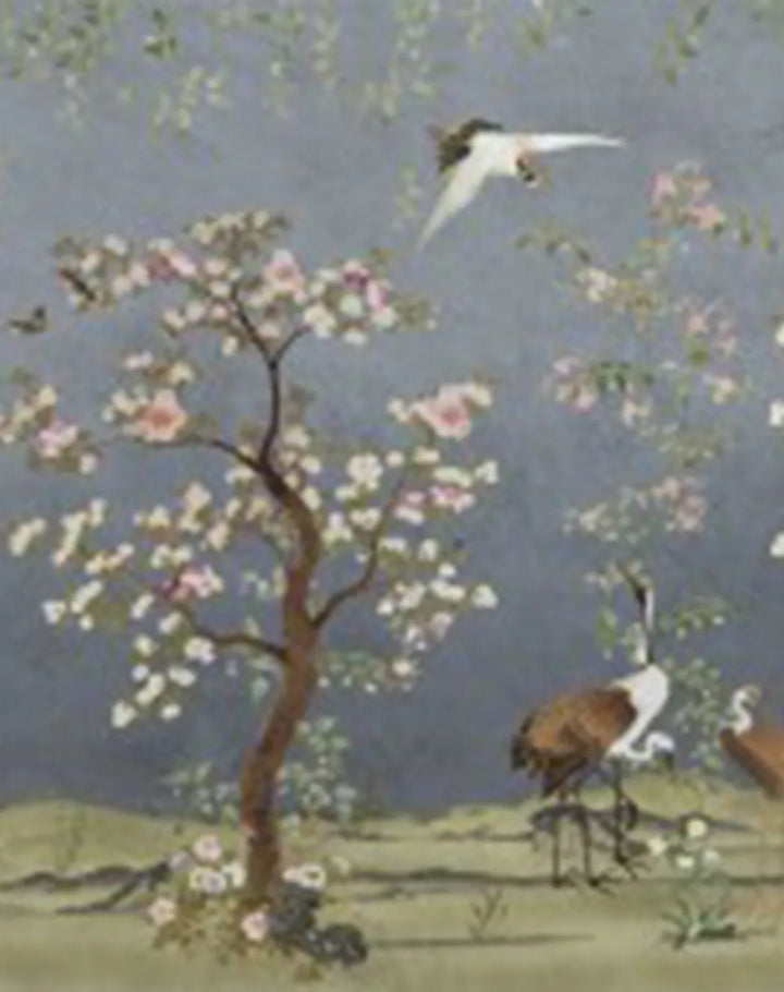 Chinoiserie Crane Birds Floral Garden Wallpaper – Indigo