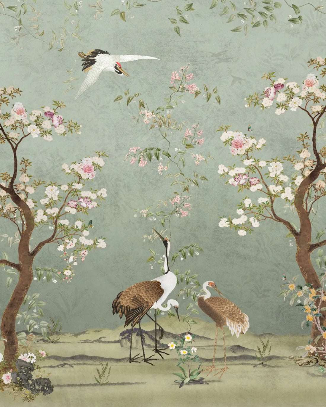Vintage Chinoiseries Cranes & Blossoms Wallpaper – Sage Green