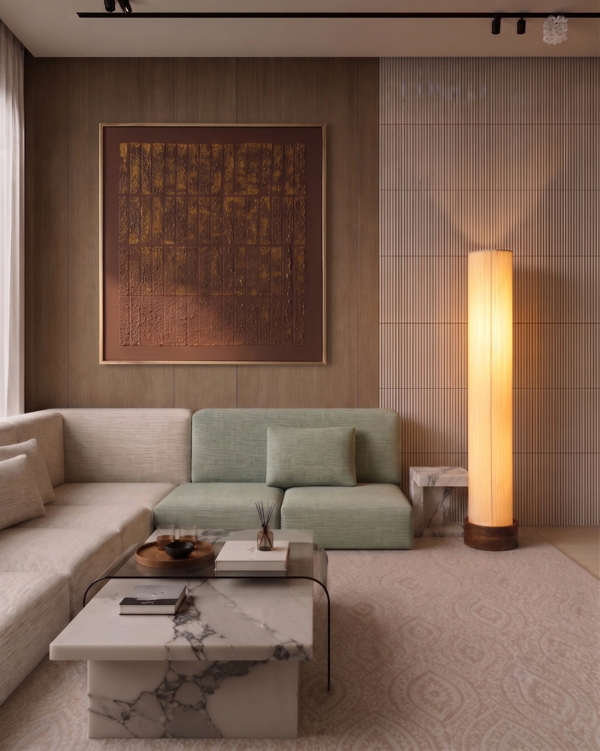 A modern living room featuring a light green modular sofa, a marble-top coffee table, a tall glowing floor lamp, and a large textured brown wall art piece above the sofa.