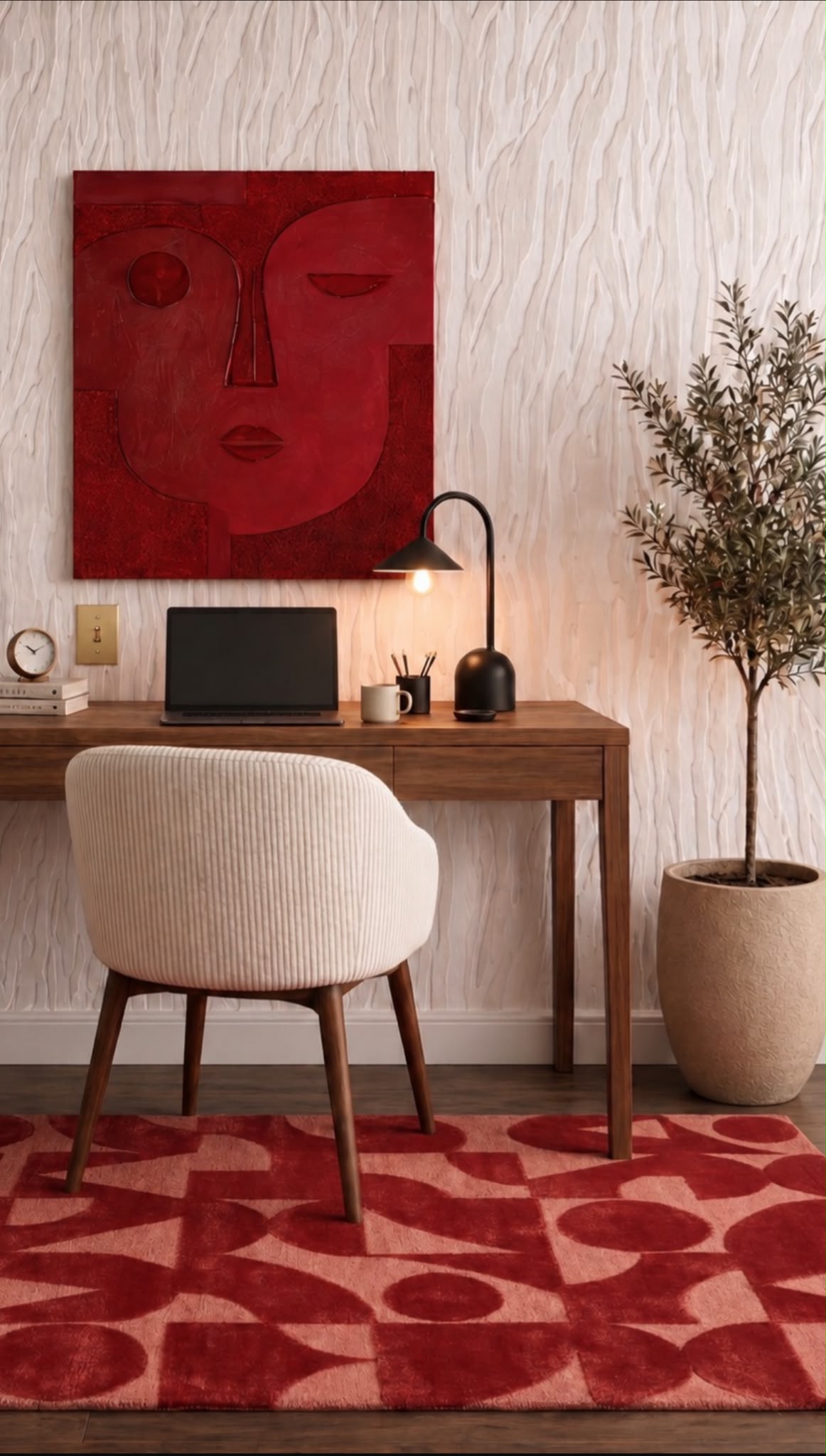 Modern home office with a red abstract painting, desk, chair, and rug.