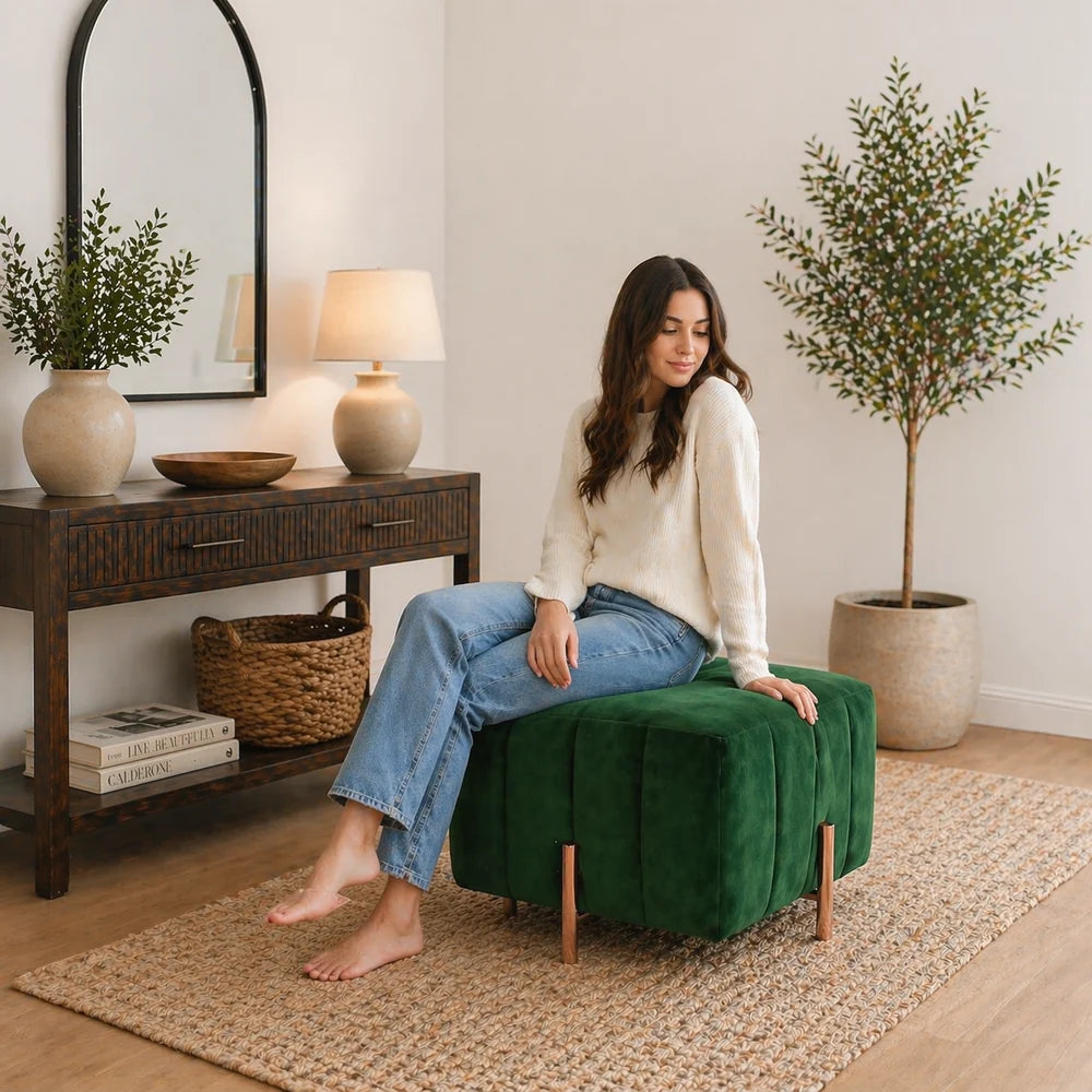 Adirondack Green Channel Tufted Ottoman - Gold Legs