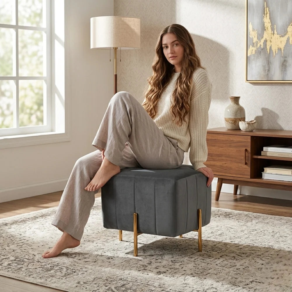 Adirondack Grey Channel Tufted Ottoman - Gold Legs
