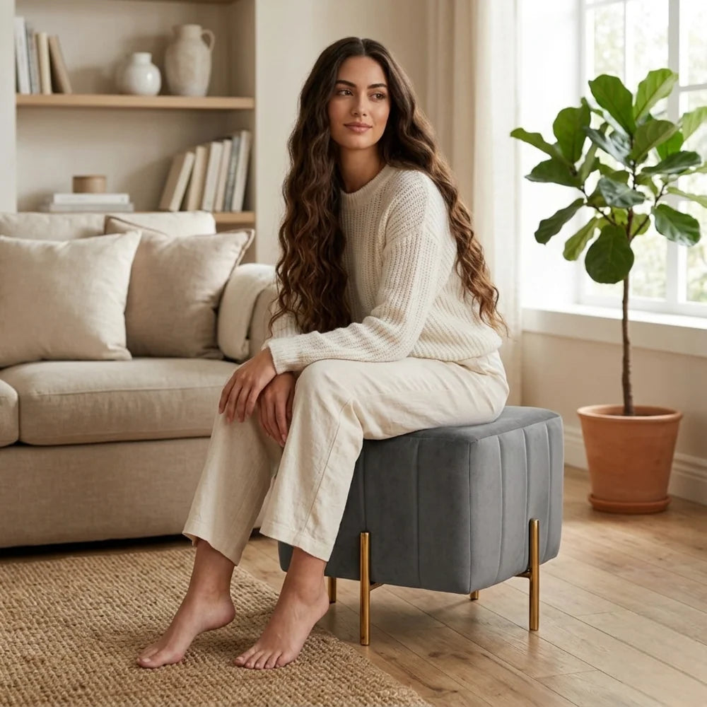 Adirondack Grey Channel Tufted Ottoman - Gold Legs