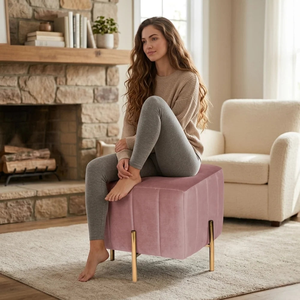 Adirondack Pink Channel Tufted Ottoman - Gold Legs