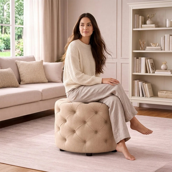 Briana Beige Velvet Ottoman Cube