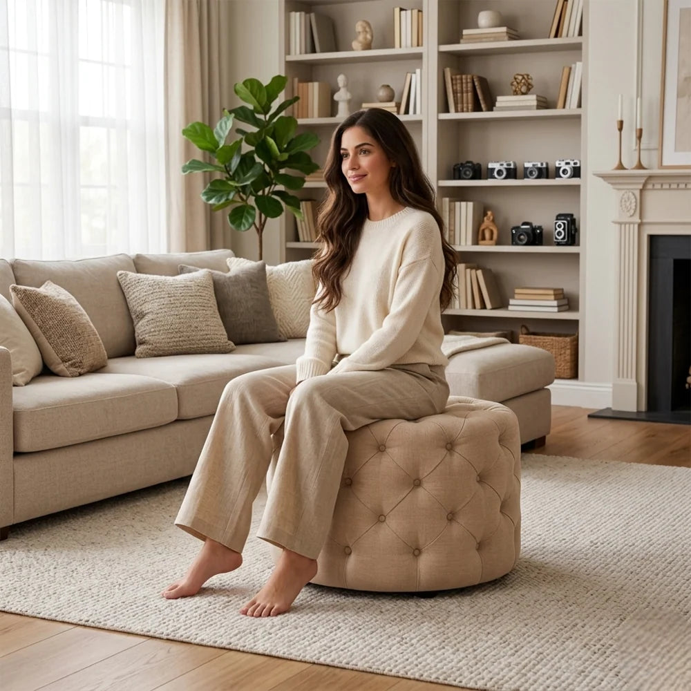Briana Beige Velvet Ottoman Cube