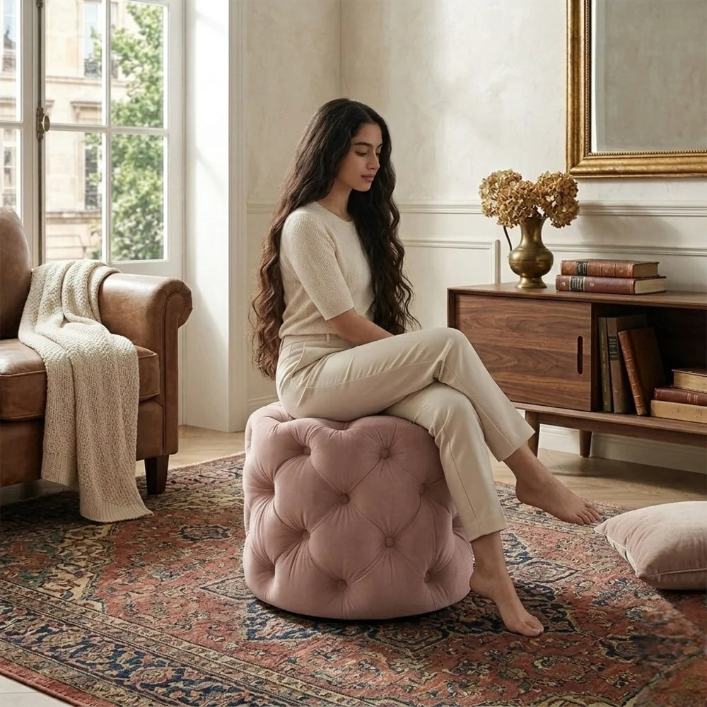 Briana Pink Velvet Ottoman Cube