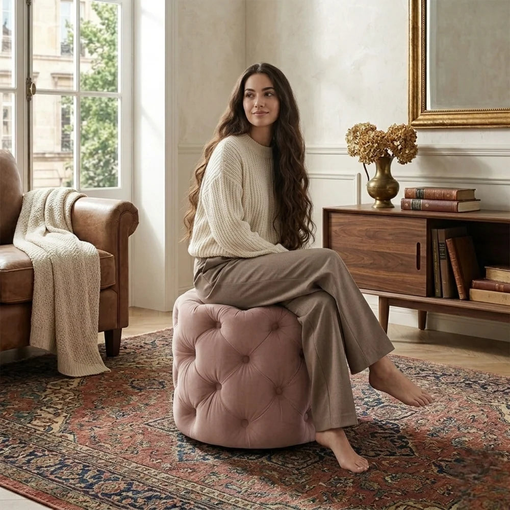 Briana Pink Velvet Ottoman Cube
