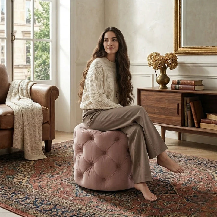 Briana Pink Velvet Ottoman Cube