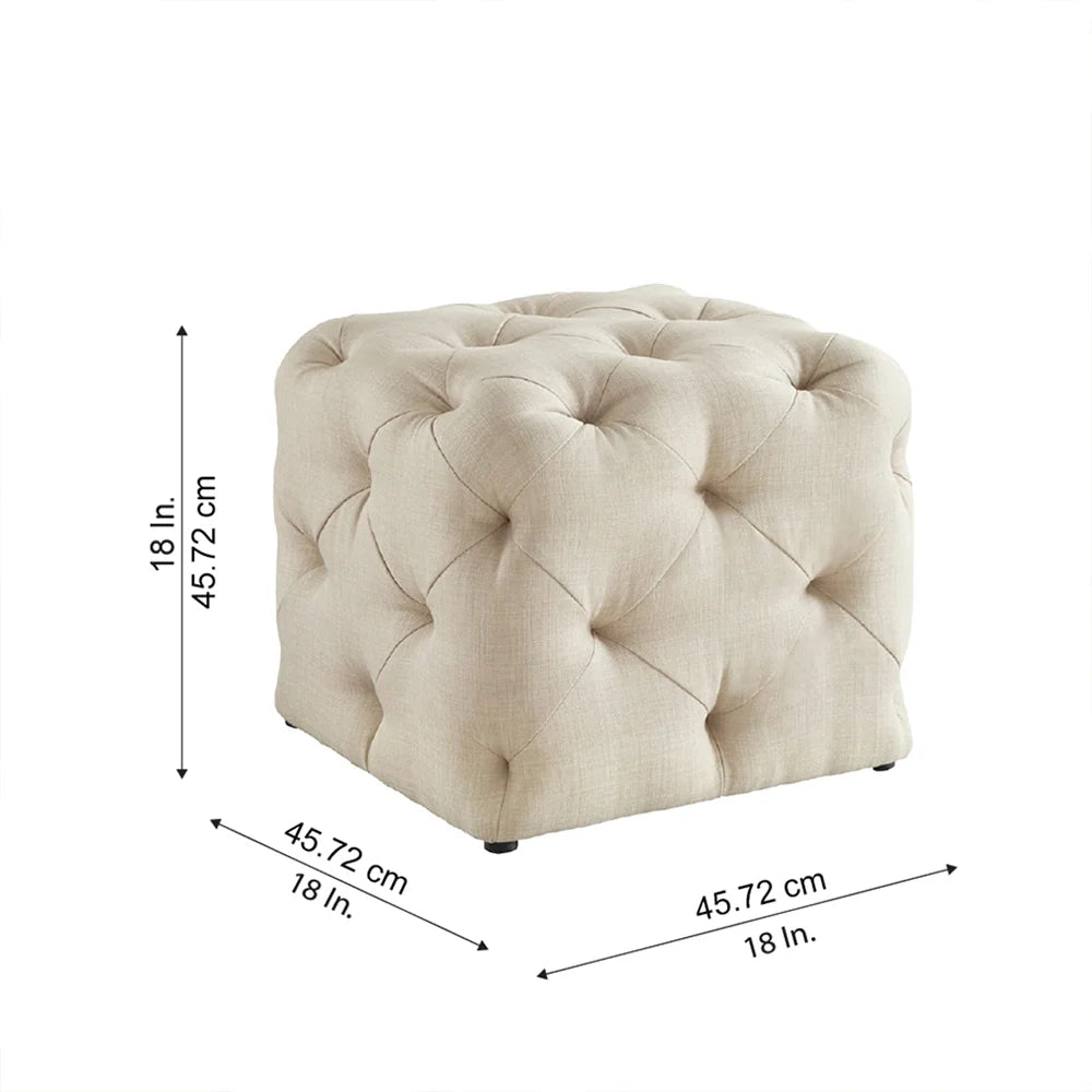 Colchester Beige Velvet Ottoman Cube - Wood Base