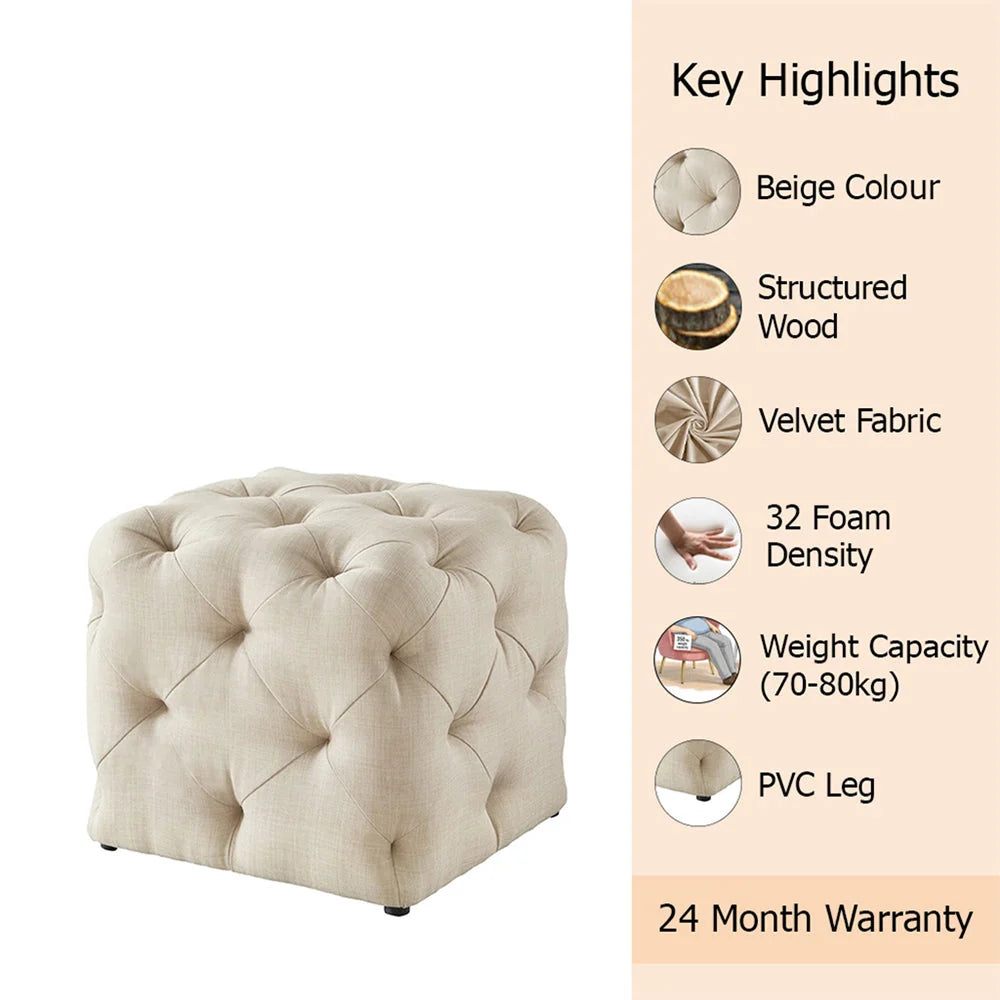Colchester Beige Velvet Ottoman Cube - Wood Base