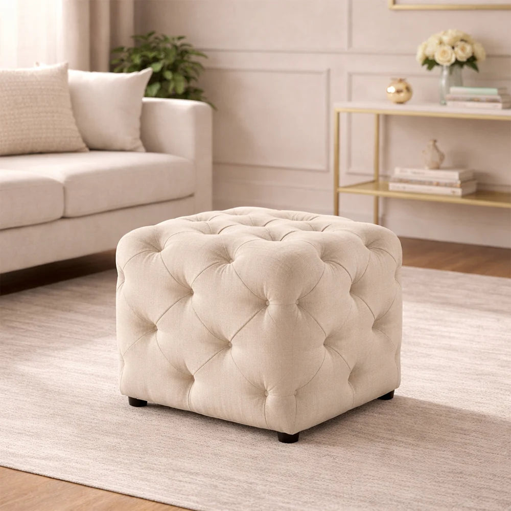 Colchester Beige Velvet Ottoman Cube - Wood Base