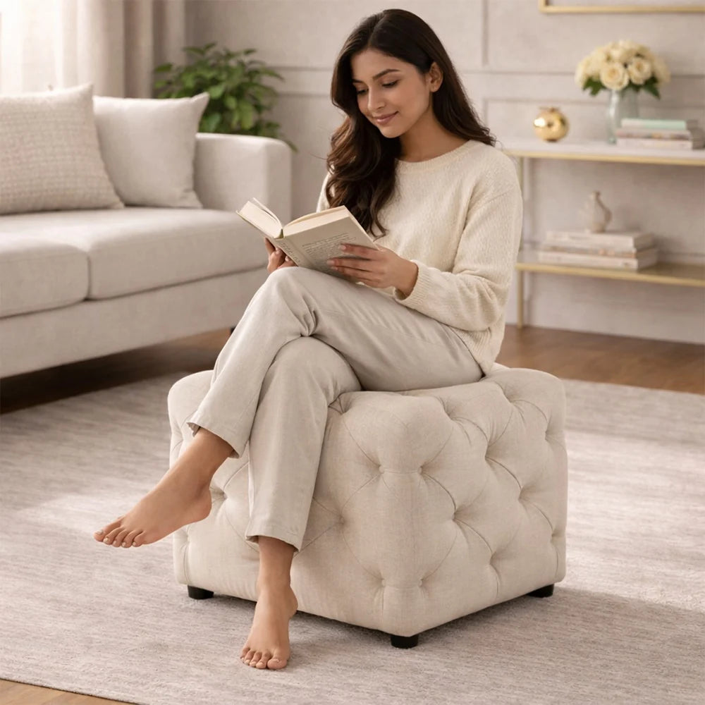 Colchester Beige Velvet Ottoman Cube - Wood Base