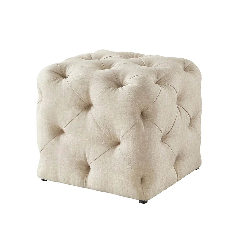 Colchester Beige Velvet Ottoman Cube - Wood Base
