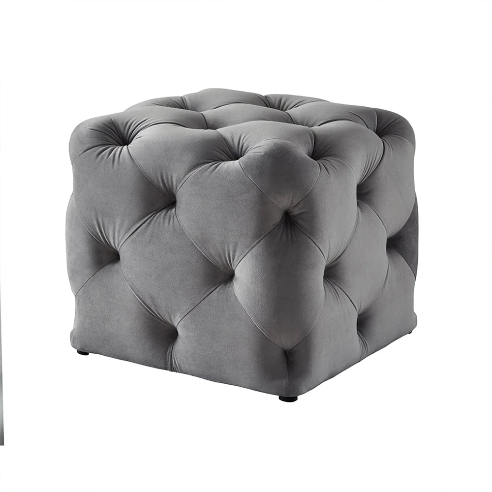 Colchester Grey Velvet Ottoman Cube - Wood Base