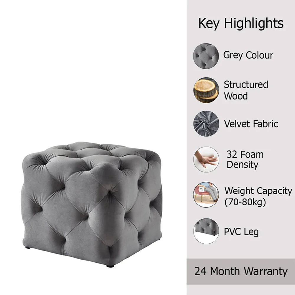 Colchester Grey Velvet Ottoman Cube - Wood Base