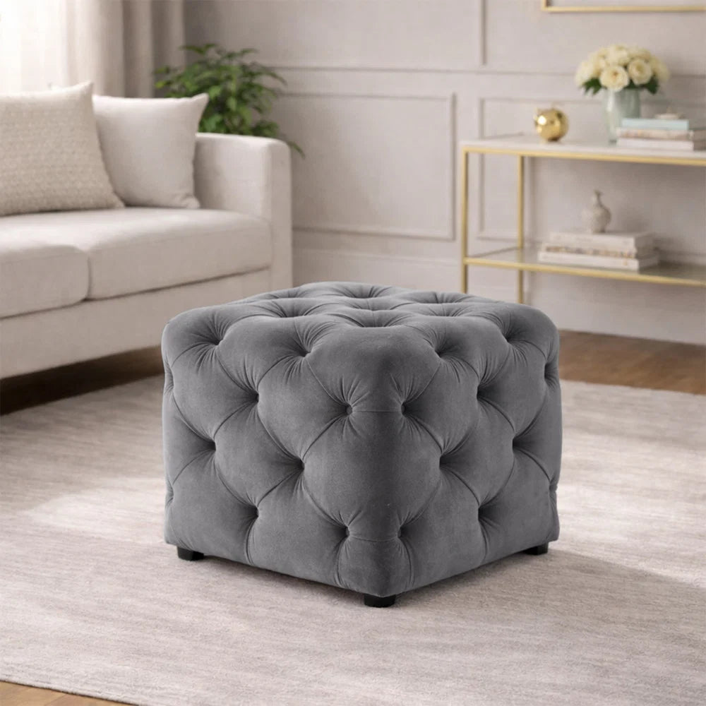 Colchester Grey Velvet Ottoman Cube - Wood Base