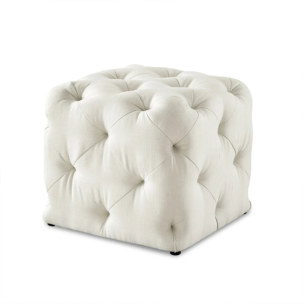 Colchester White Velvet Ottoman Cube - Wood Base