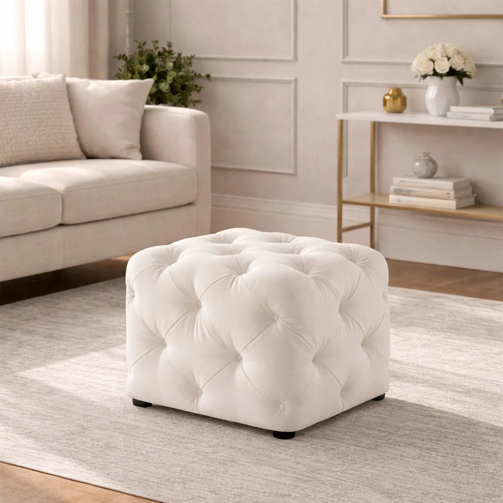 Colchester White Velvet Ottoman Cube - Wood Base