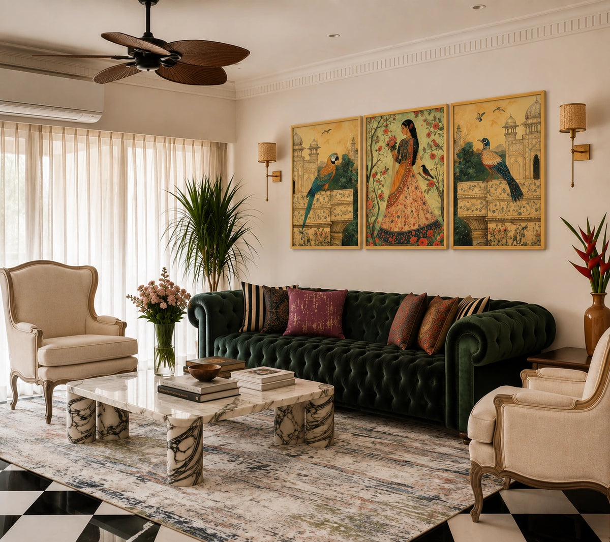 Elegant living room with a deep green tufted sofa, cream accent chairs, marble coffee table, patterned area rug, Indian-inspired framed artwork, decorative plants, and warm traditional lighting.