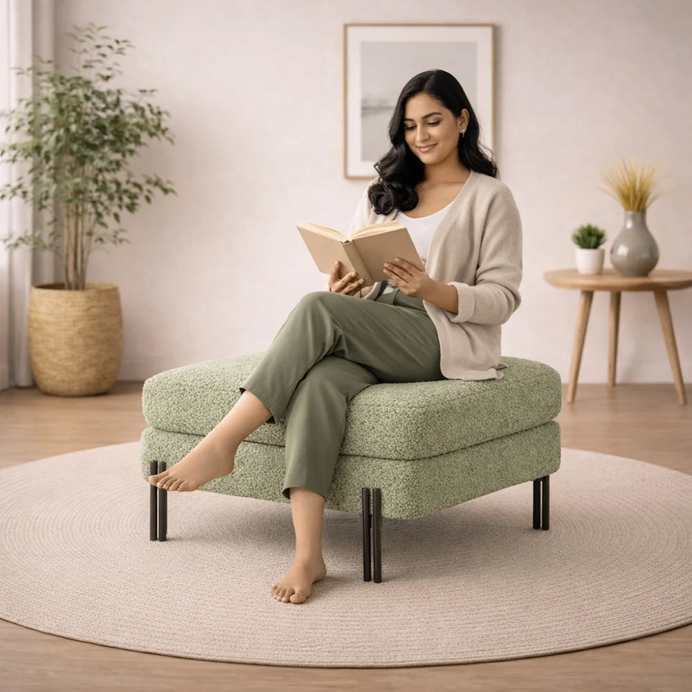 Luxe Sage Bouclé Ottoman - Black Legs