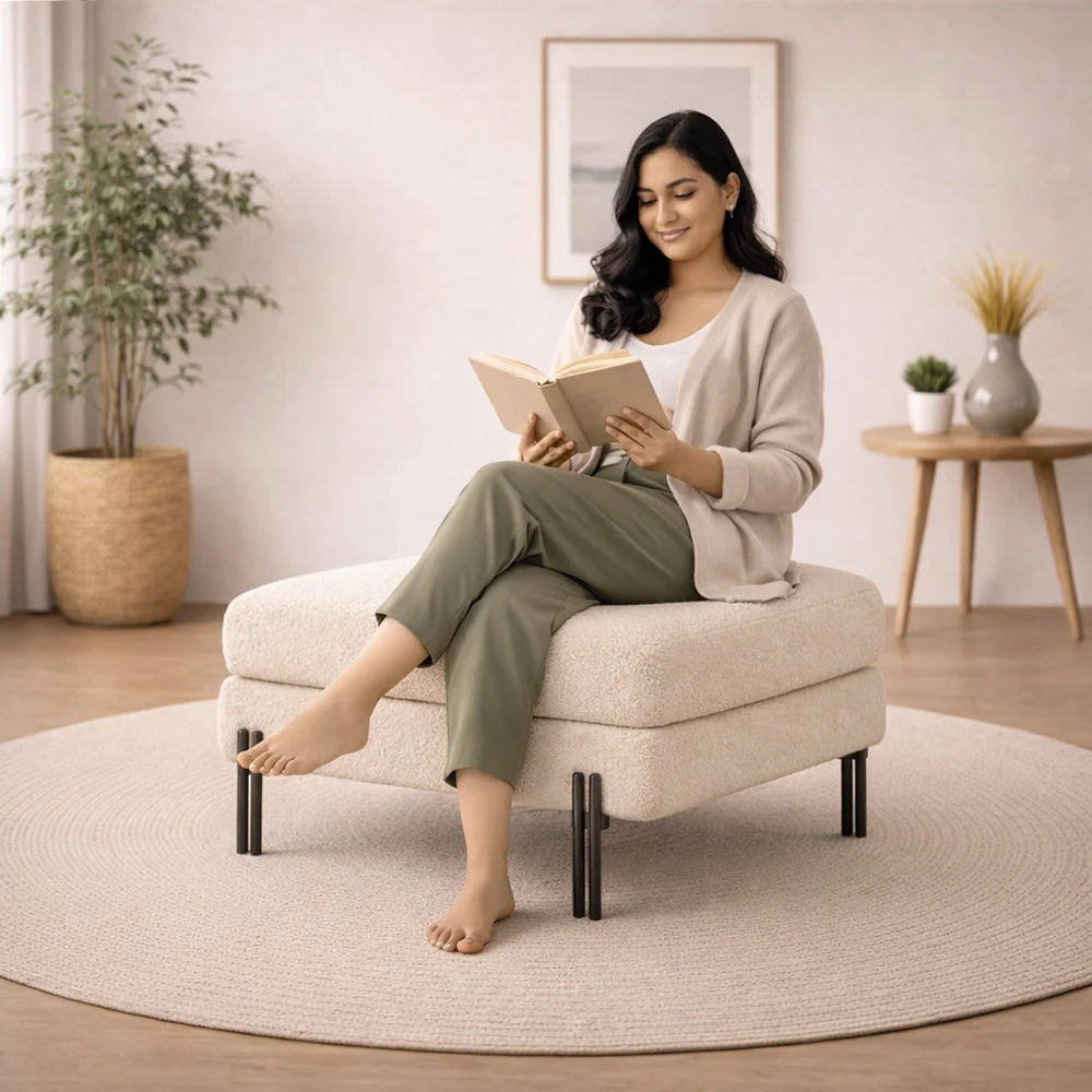 Luxe White Bouclé Ottoman - Black Legs