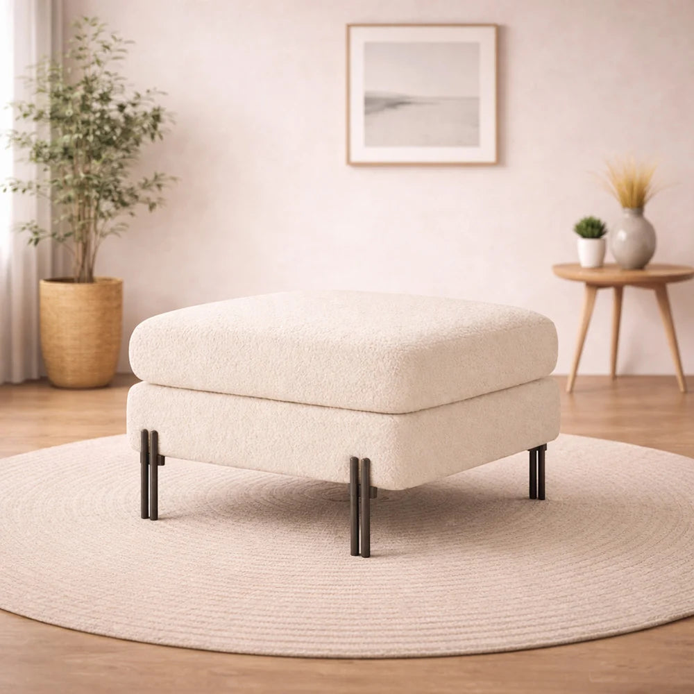Luxe White Bouclé Ottoman - Black Legs
