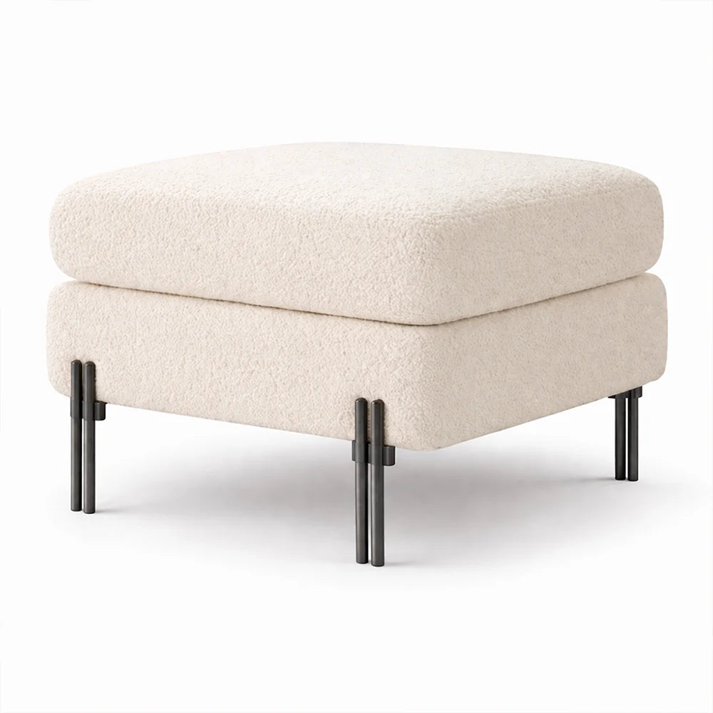 Luxe White Bouclé Ottoman - Black Legs