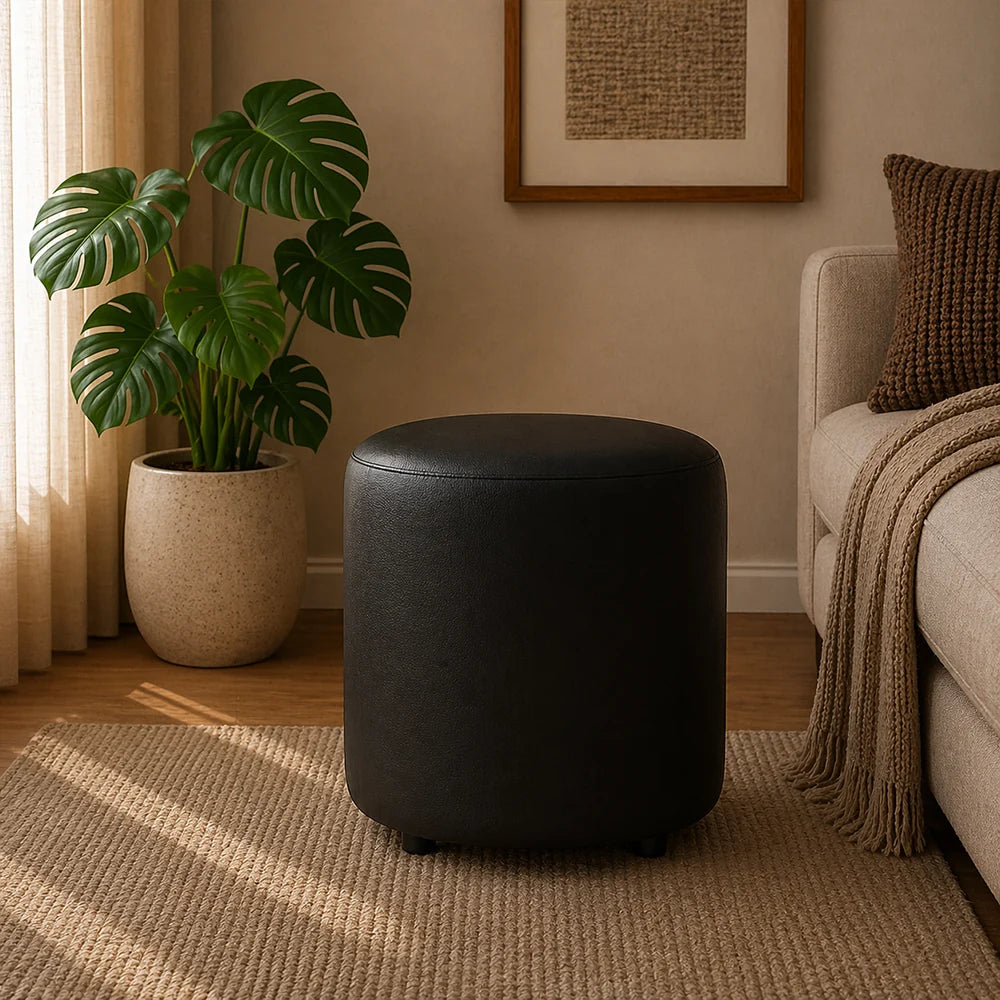 Mary Black Leather Round Ottoman