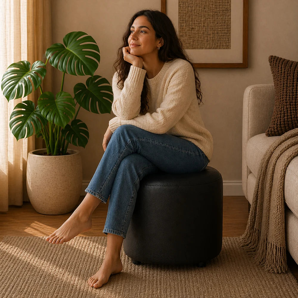 Mary Black Leather Round Ottoman