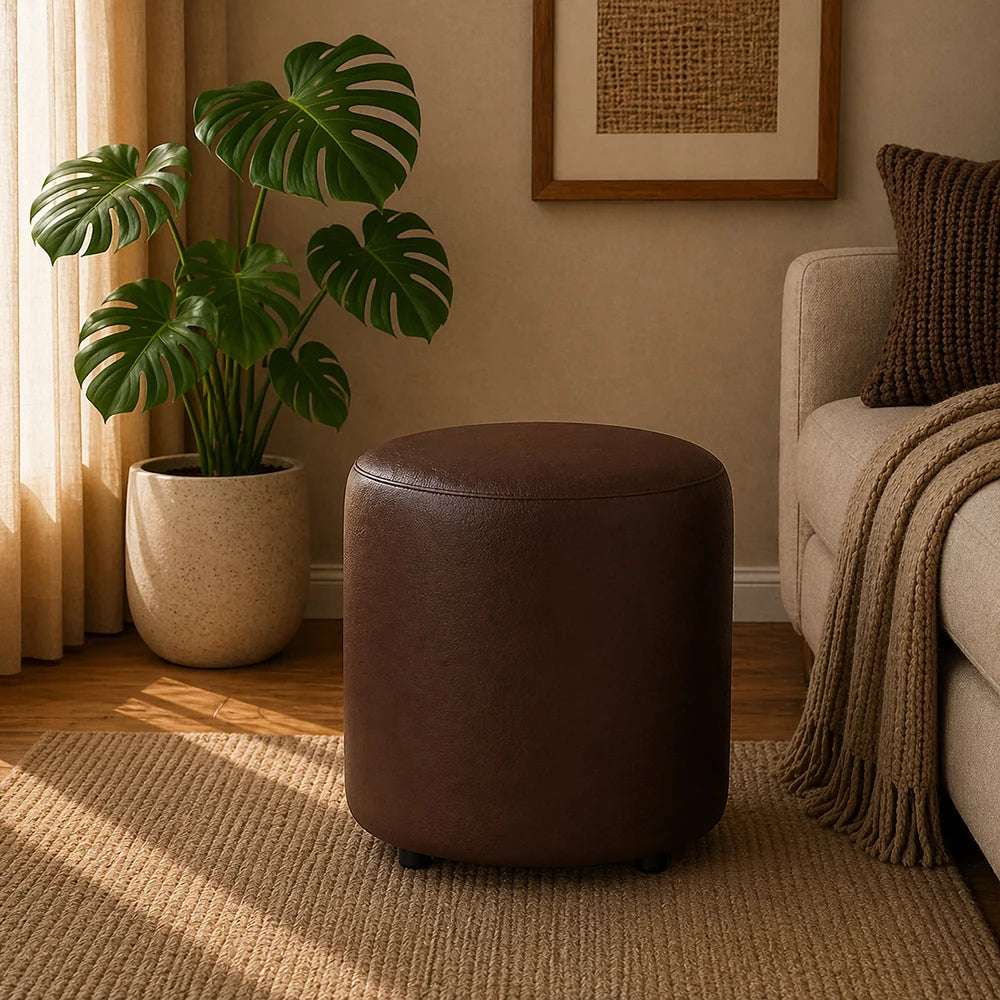 Mary Brown Leather Round Ottoman