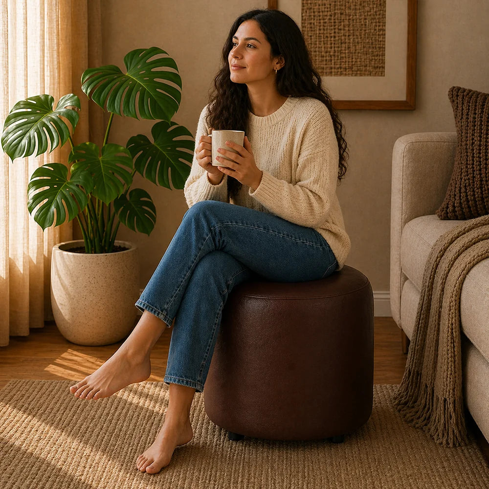 Mary Brown Leather Round Ottoman