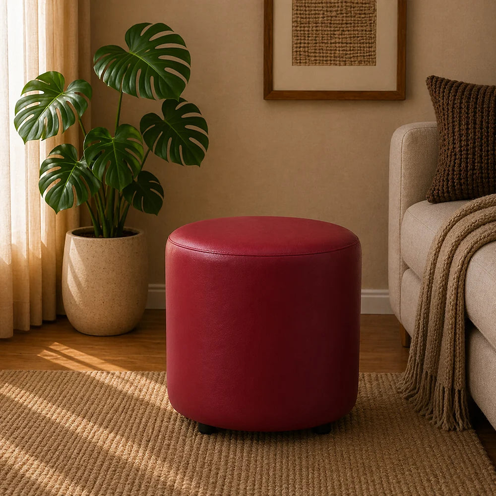 Mary Red Leather Round Ottoman