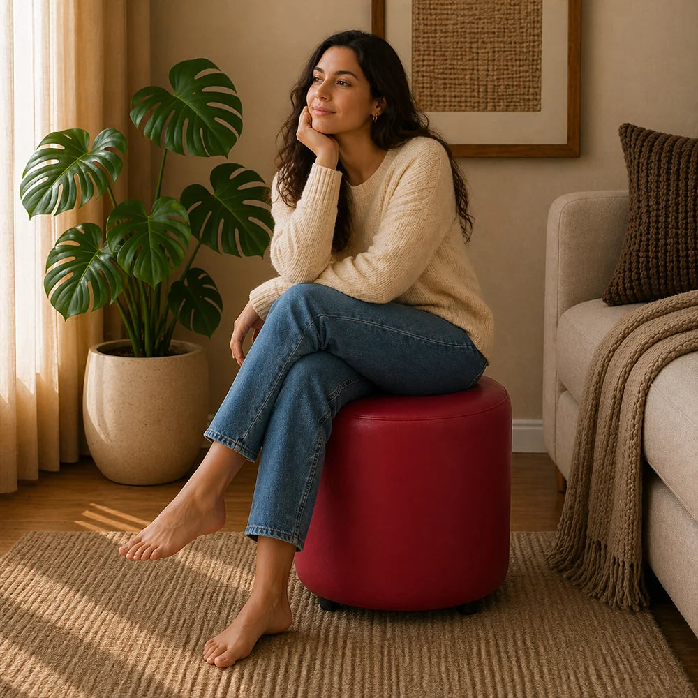 Mary Red Leather Round Ottoman