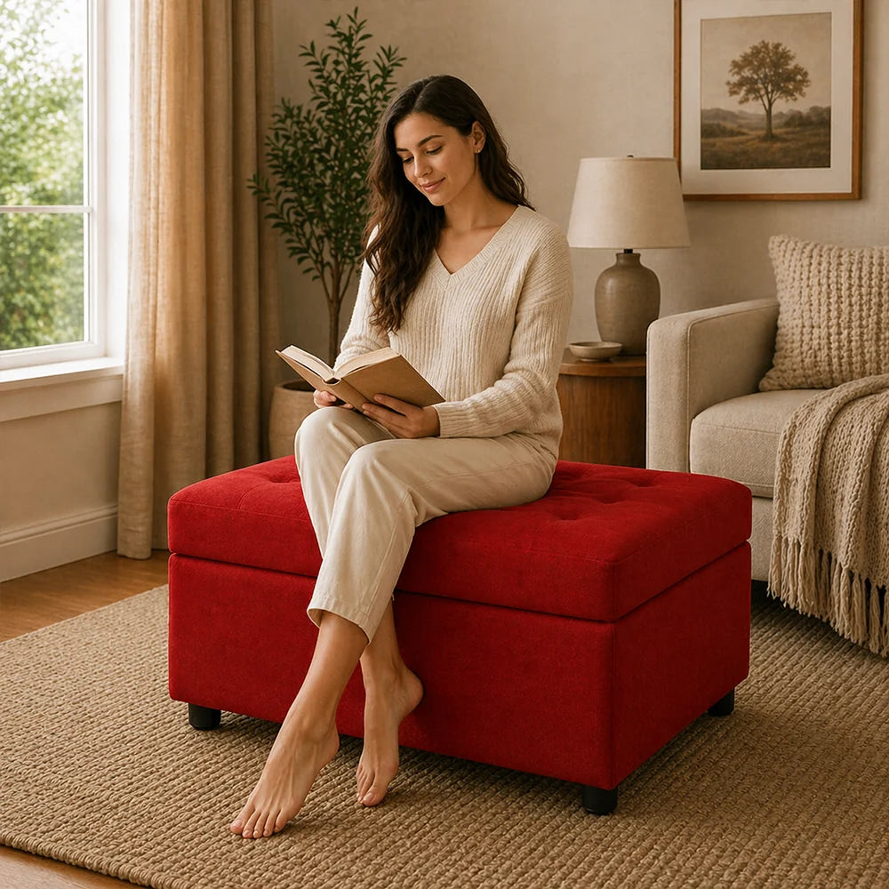 Modern Tufted Storage Ottoman Bench Red