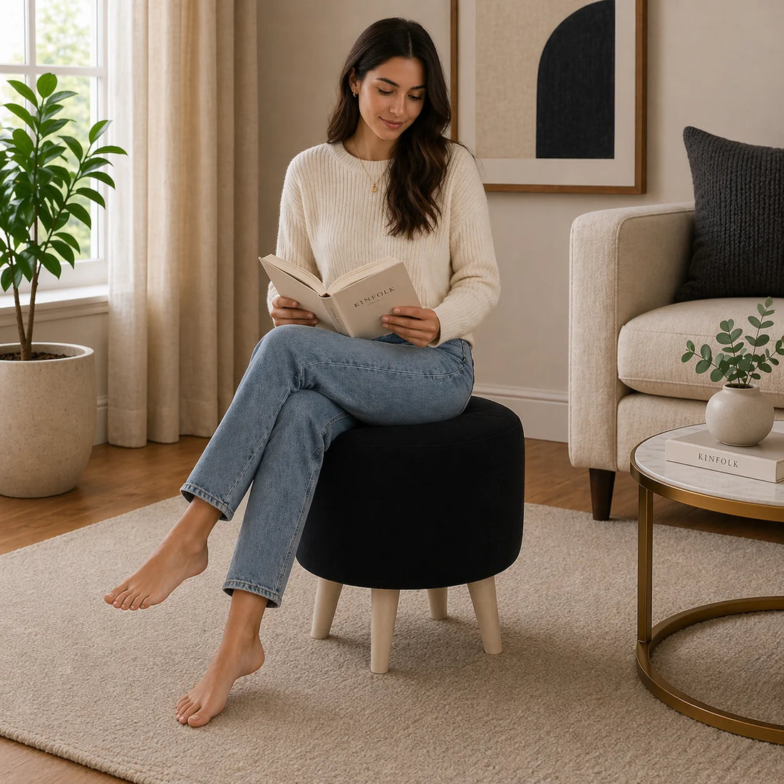 Parker Black Velvet Ottoman - Wood Legs